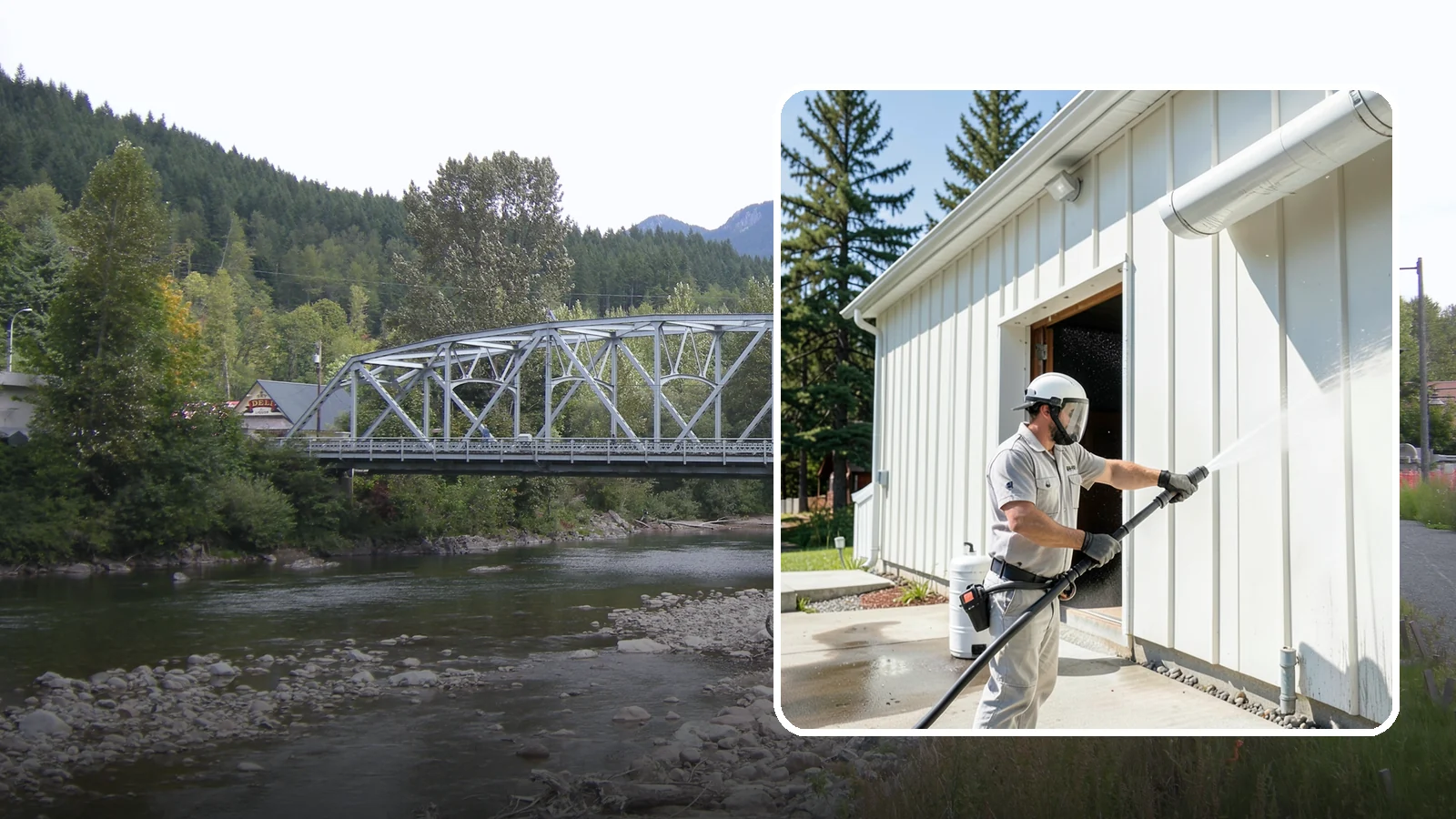 Warehouse Exterior Cleaning in Skykomish, King County, WA - Large-scale washing of warehouse walls, loading areas, and dock aprons that strips road film, diesel soot, and Northwest algae...