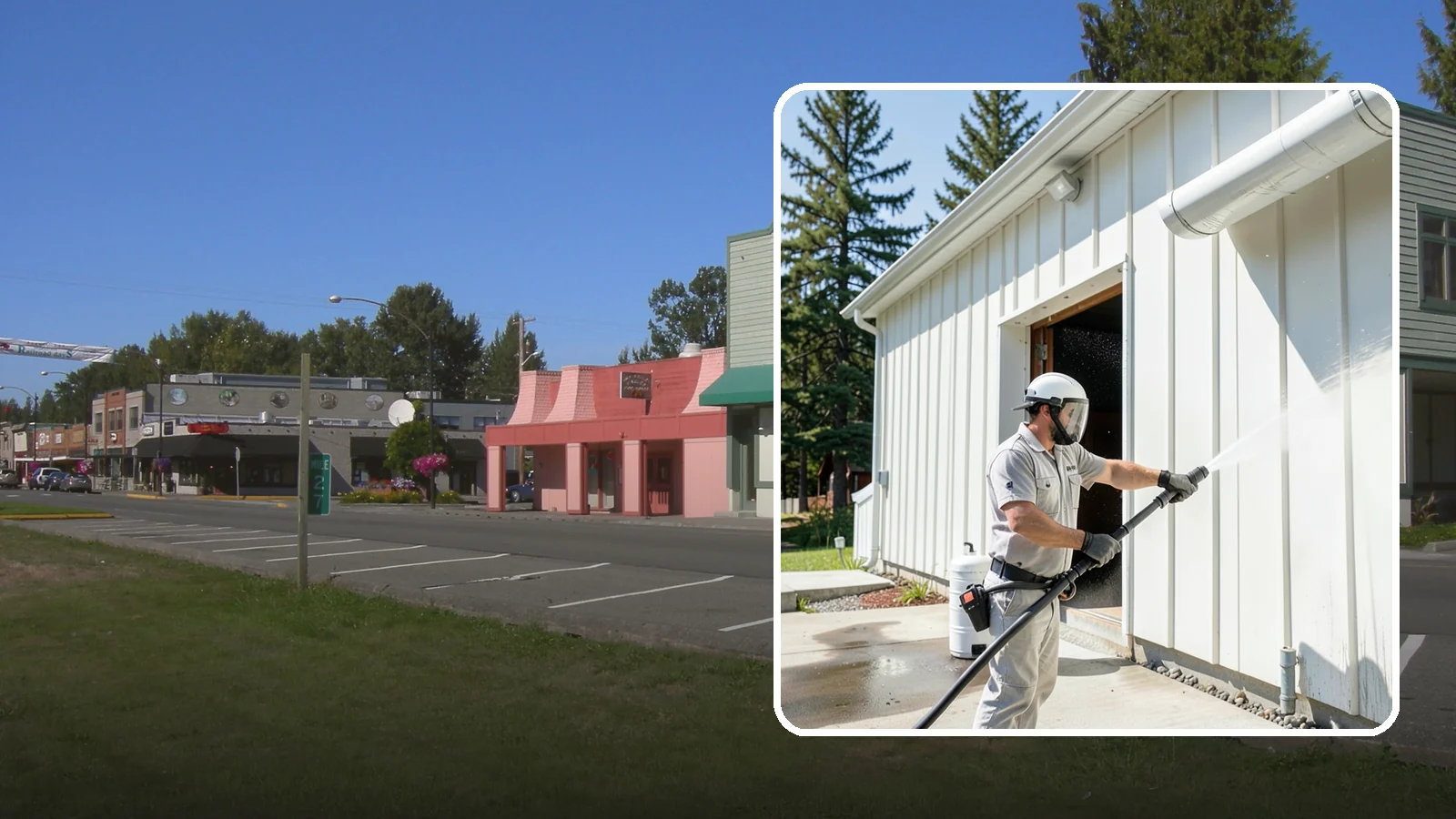 Warehouse Exterior Cleaning in Snoqualmie, King County, WA - Large-scale washing of warehouse walls, loading areas, and dock aprons that strips road film, diesel soot, and Northwest algae...