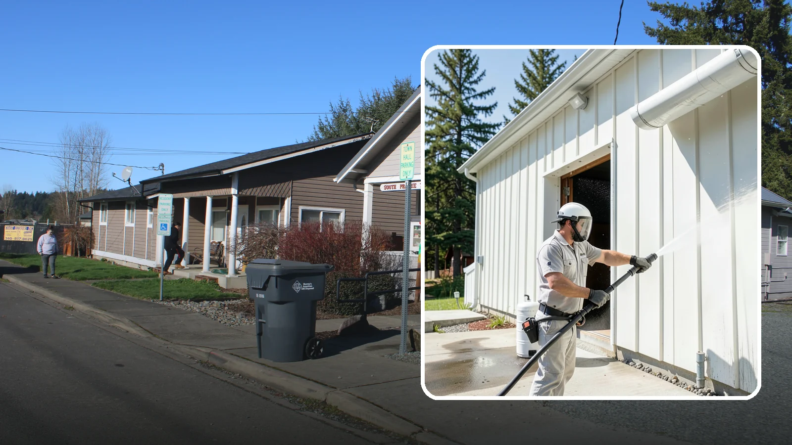 Warehouse Exterior Cleaning in South Prairie, Pierce County, WA - Large-scale washing of warehouse walls, loading areas, and dock aprons that strips road film, diesel soot, and Northwest algae...