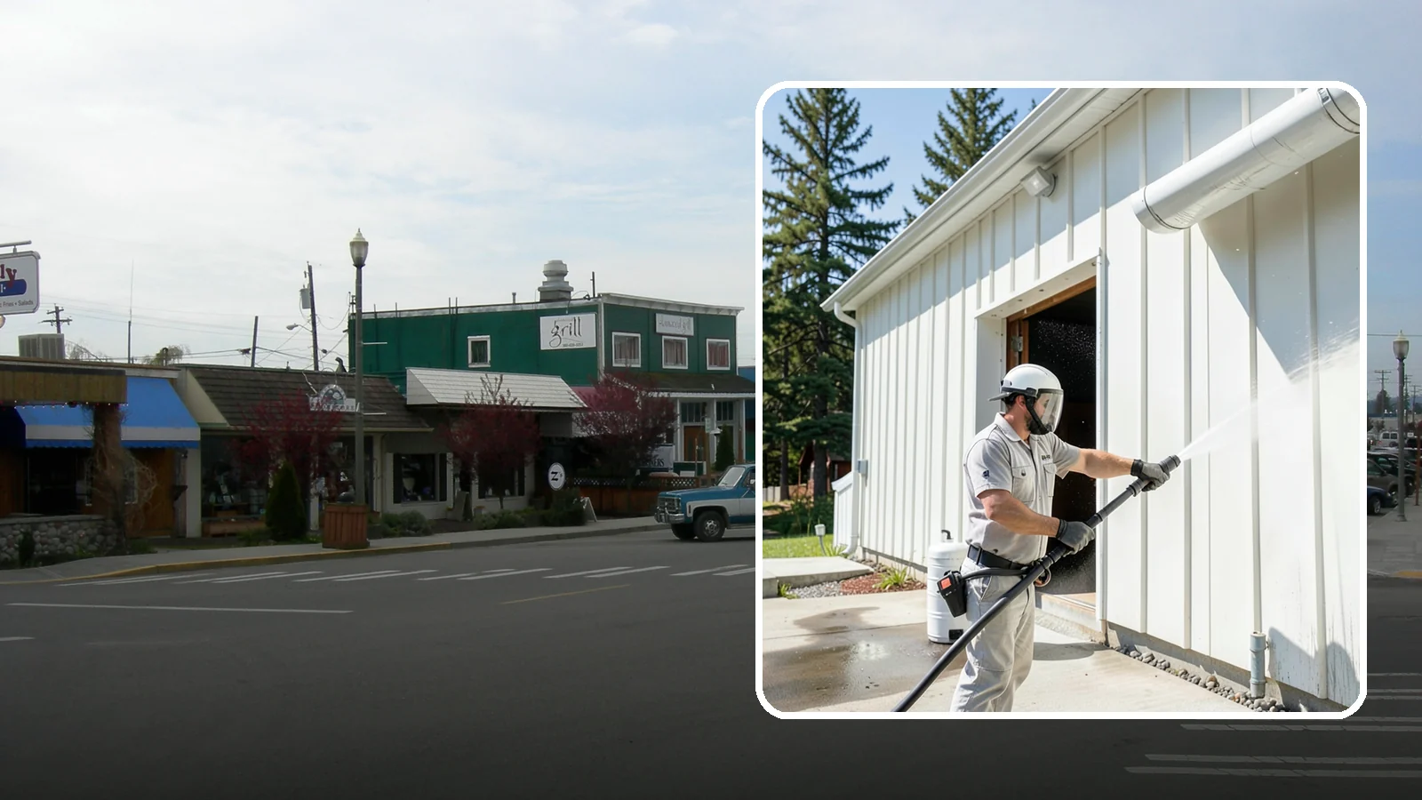 Warehouse Exterior Cleaning in Stanwood, Snohomish County, WA - Large-scale washing of warehouse walls, loading areas, and dock aprons that strips road film, diesel soot, and Northwest algae...