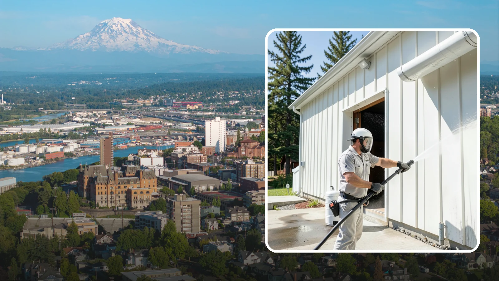 Warehouse Exterior Cleaning in Tacoma, Pierce County, WA - Large-scale washing of warehouse walls, loading areas, and dock aprons that strips road film, diesel soot, and Northwest algae...