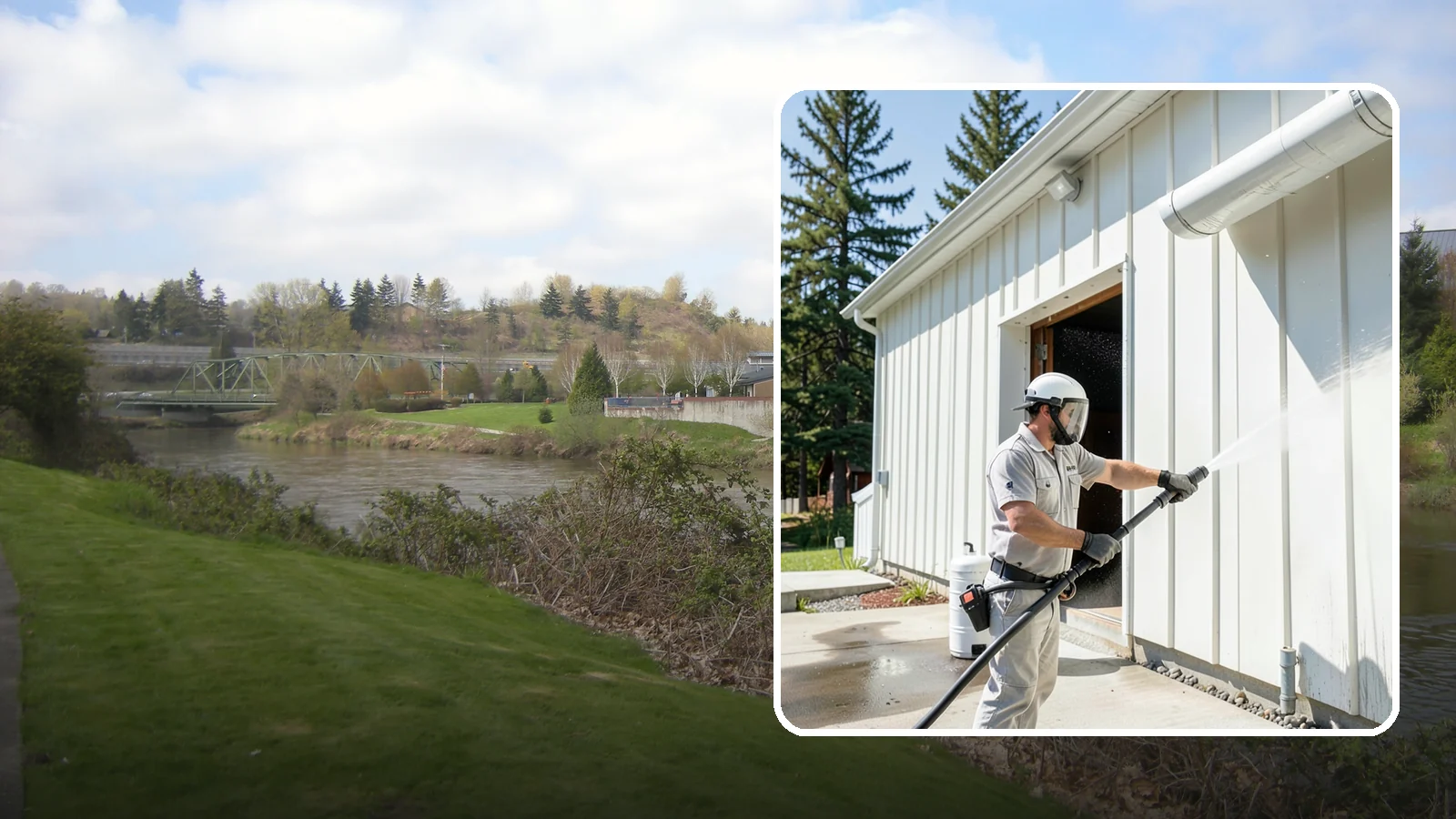 Warehouse Exterior Cleaning in Tukwila, King County, WA - Large-scale washing of warehouse walls, loading areas, and dock aprons that strips road film, diesel soot, and Northwest algae...