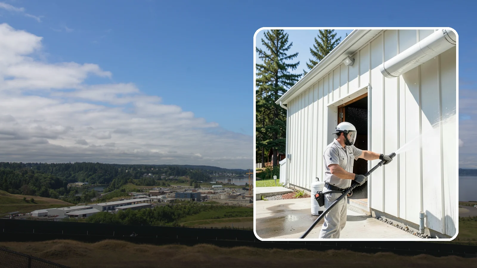 Warehouse Exterior Cleaning in University Place, Pierce County, WA - Large-scale washing of warehouse walls, loading areas, and dock aprons that strips road film, diesel soot, and Northwest algae...