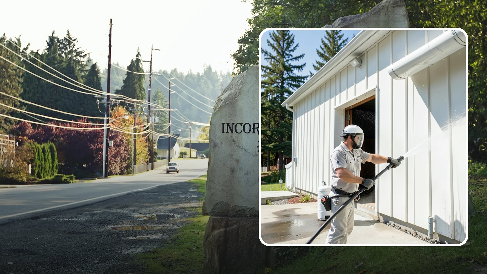 Warehouse Exterior Cleaning in Wilkeson, Pierce County, WA - Large-scale washing of warehouse walls, loading areas, and dock aprons that strips road film, diesel soot, and Northwest algae...