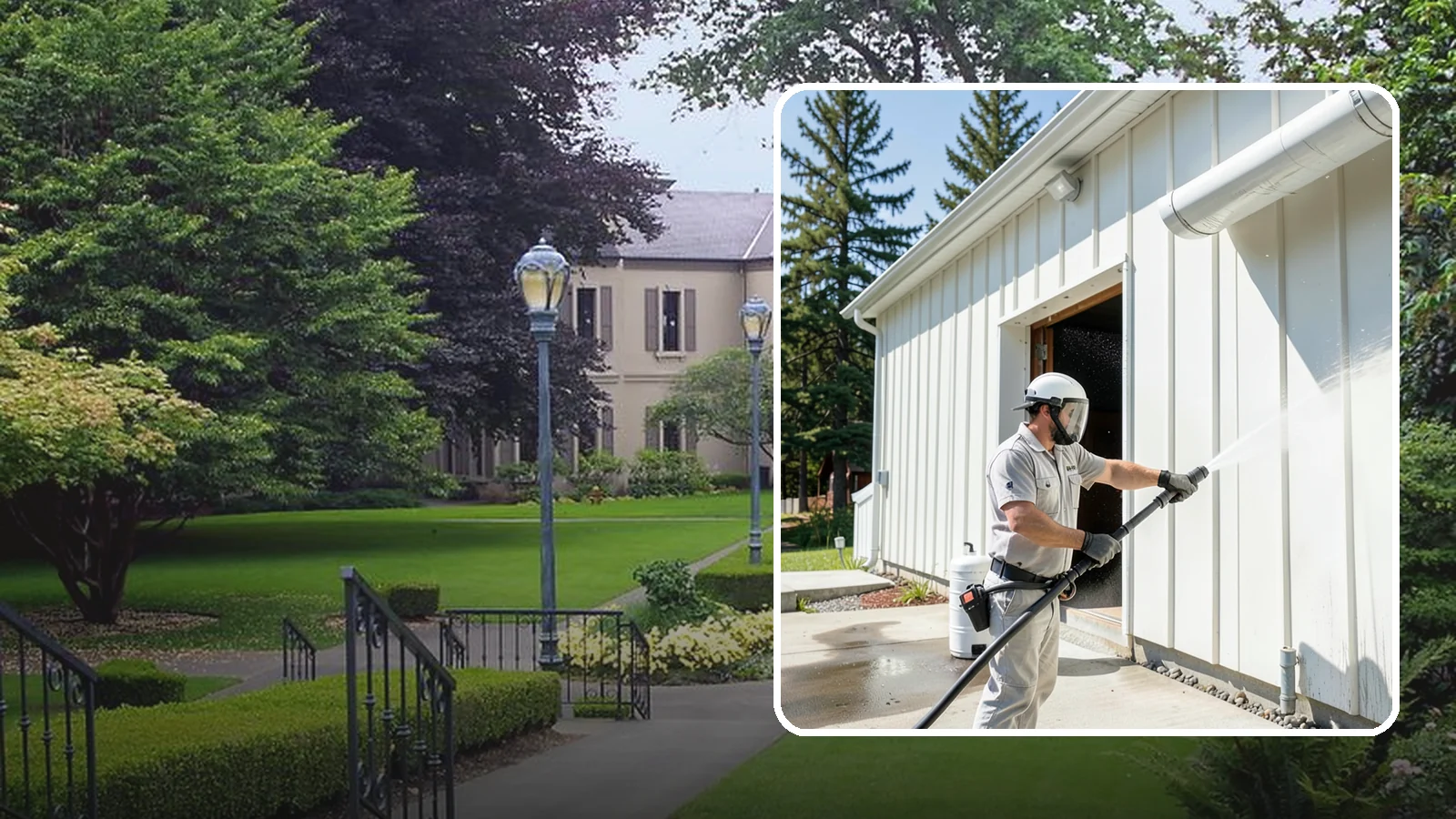 Warehouse Exterior Cleaning in Woodinville, King County, WA - Large-scale washing of warehouse walls, loading areas, and dock aprons that strips road film, diesel soot, and Northwest algae...