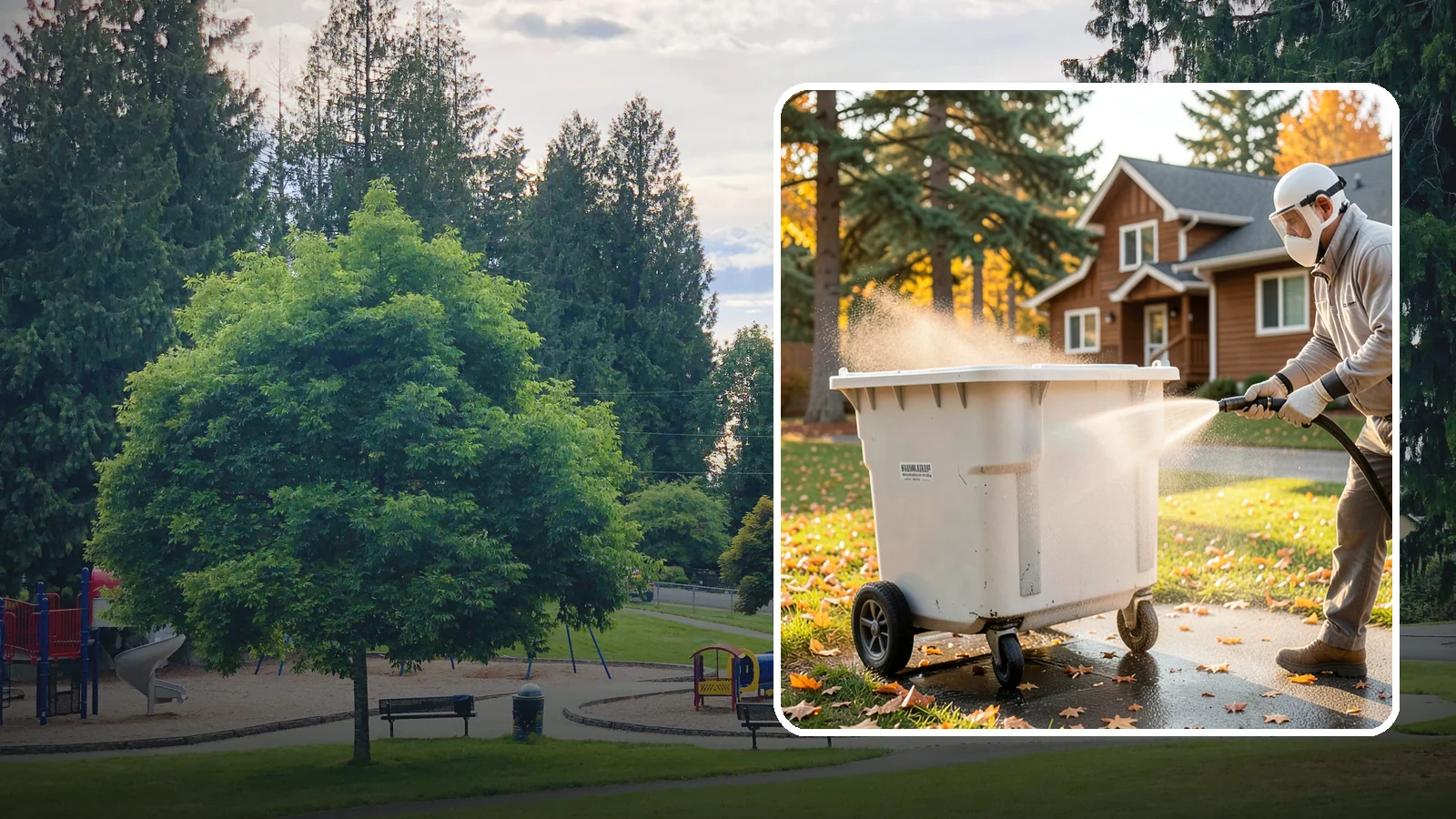 Wheelie Bin Cleaning in Bonney Lake, Pierce County, WA - We wash wheeled curbside bins inside and out to clear the sludge, stains, and smell that collect between pickups.