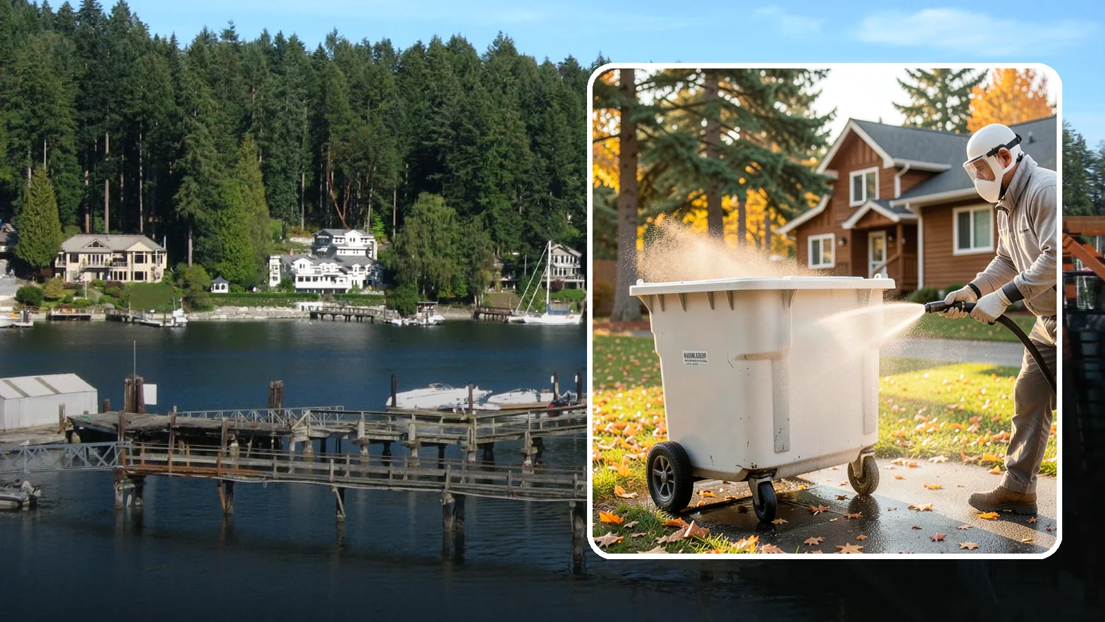 Wheelie Bin Cleaning in Gig Harbor, Pierce County, WA - We wash wheeled curbside bins inside and out to clear the sludge, stains, and smell that collect between pickups.
