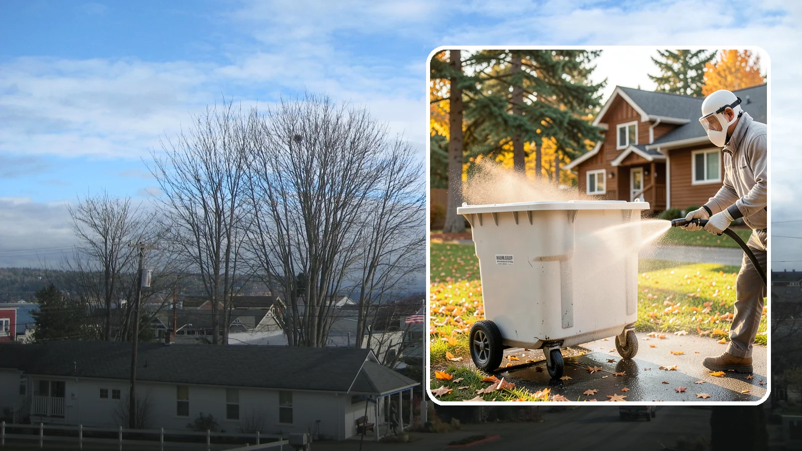 Wheelie Bin Cleaning in Langley, Island County, WA - We wash wheeled curbside bins inside and out to clear the sludge, stains, and smell that collect between pickups.