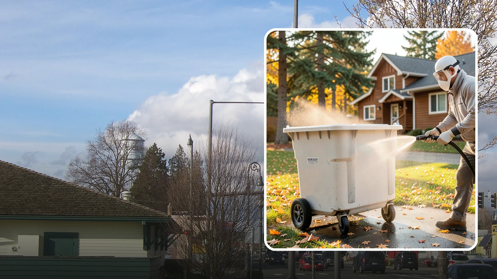 Wheelie Bin Cleaning in Marysville, Snohomish County, WA - We wash wheeled curbside bins inside and out to clear the sludge, stains, and smell that collect between pickups.