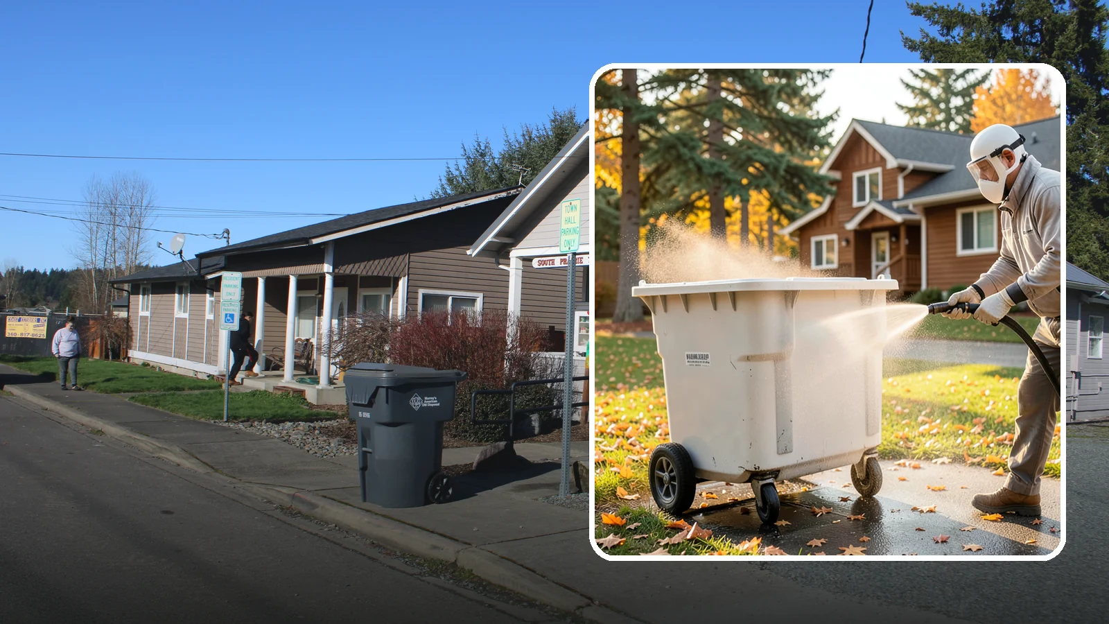 Wheelie Bin Cleaning in South Prairie, Pierce County, WA - We wash wheeled curbside bins inside and out to clear the sludge, stains, and smell that collect between pickups.