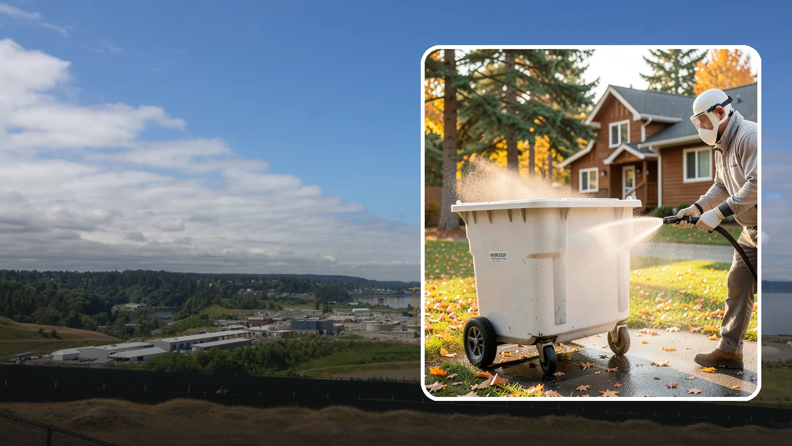 Wheelie Bin Cleaning in University Place, Pierce County, WA - We wash wheeled curbside bins inside and out to clear the sludge, stains, and smell that collect between pickups.