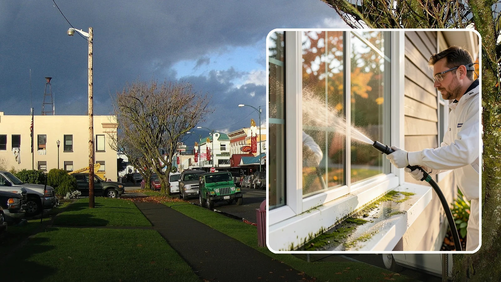 Window Sill Cleaning in Arlington, Snohomish County, WA - Cleaning of exterior window sills to clear the algae, dirt, and organic streaks our constant moisture leaves behind.