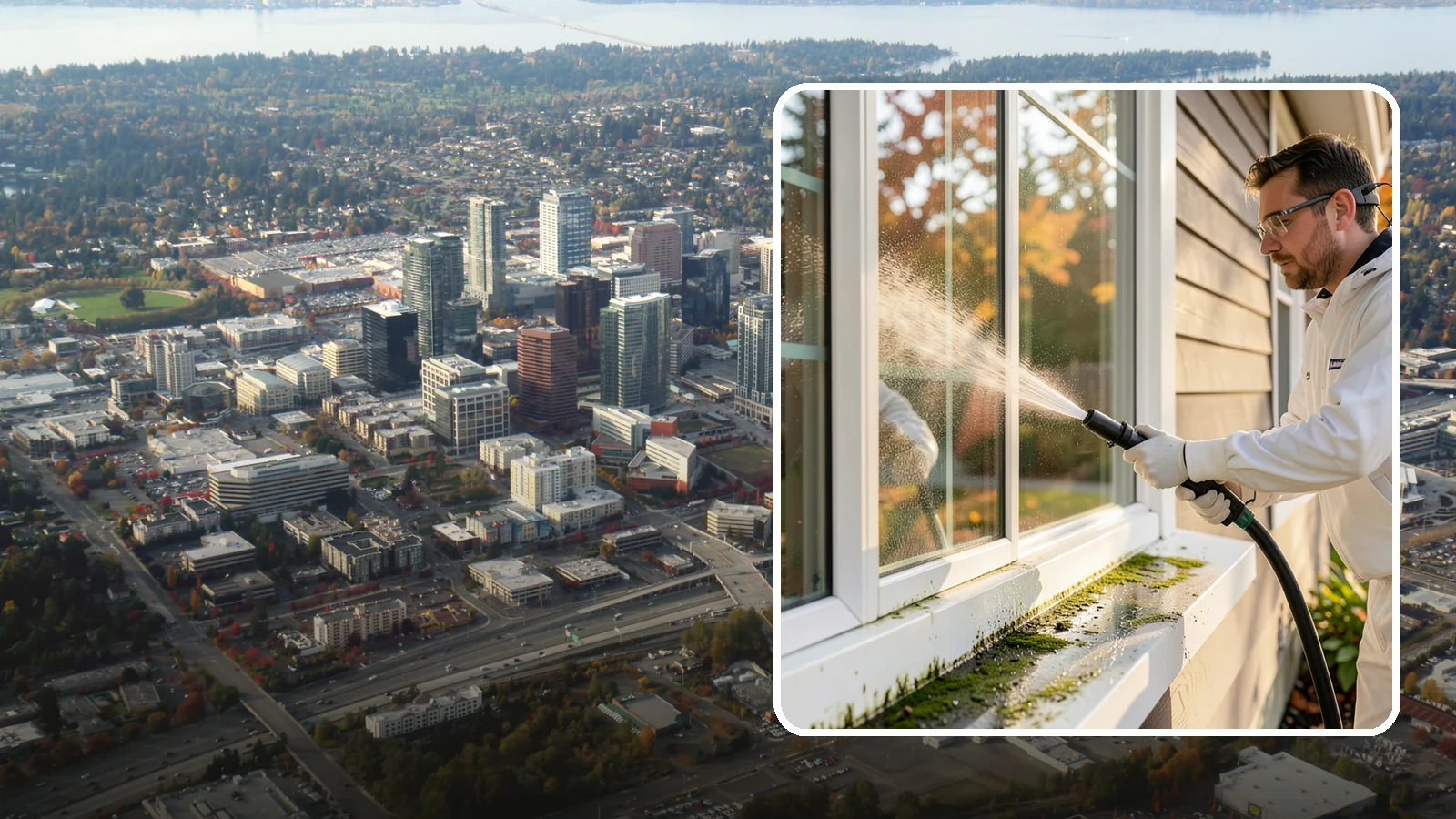 Window Sill Cleaning in Bellevue, King County, WA - Cleaning of exterior window sills to clear the algae, dirt, and organic streaks our constant moisture leaves behind.