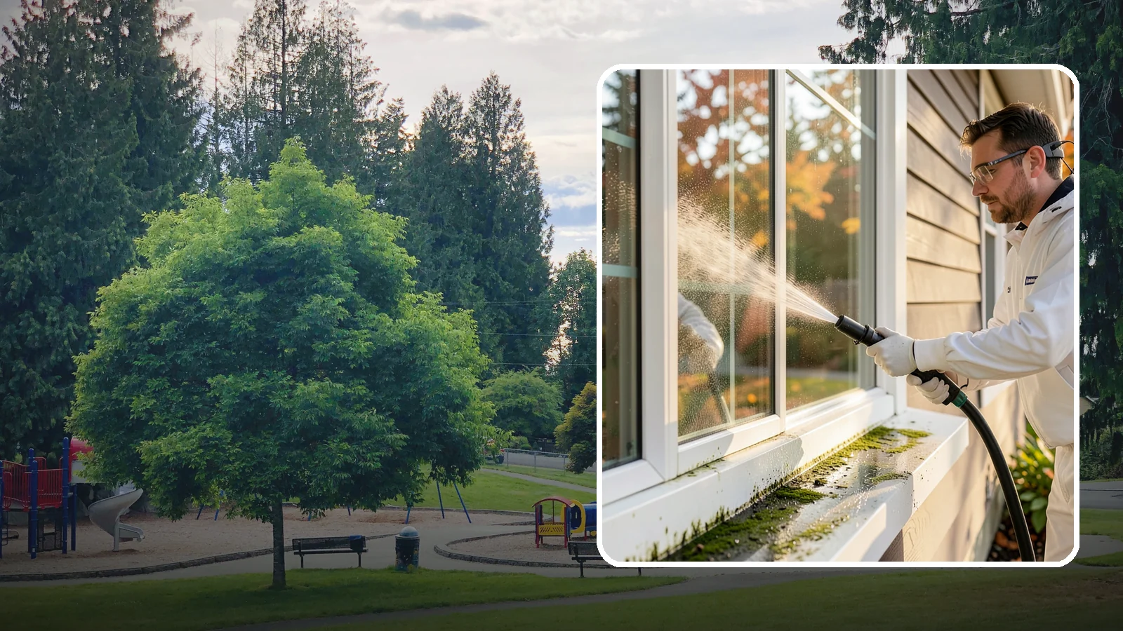Window Sill Cleaning in Bonney Lake, Pierce County, WA - Cleaning of exterior window sills to clear the algae, dirt, and organic streaks our constant moisture leaves behind.