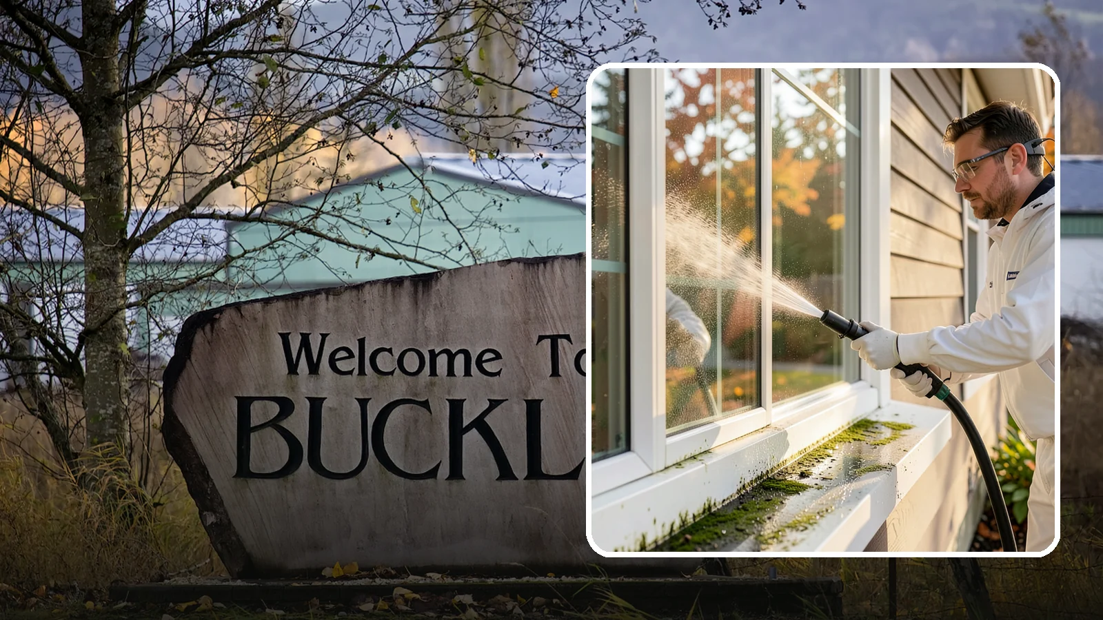 Window Sill Cleaning in Buckley, Pierce County, WA - Cleaning of exterior window sills to clear the algae, dirt, and organic streaks our constant moisture leaves behind.