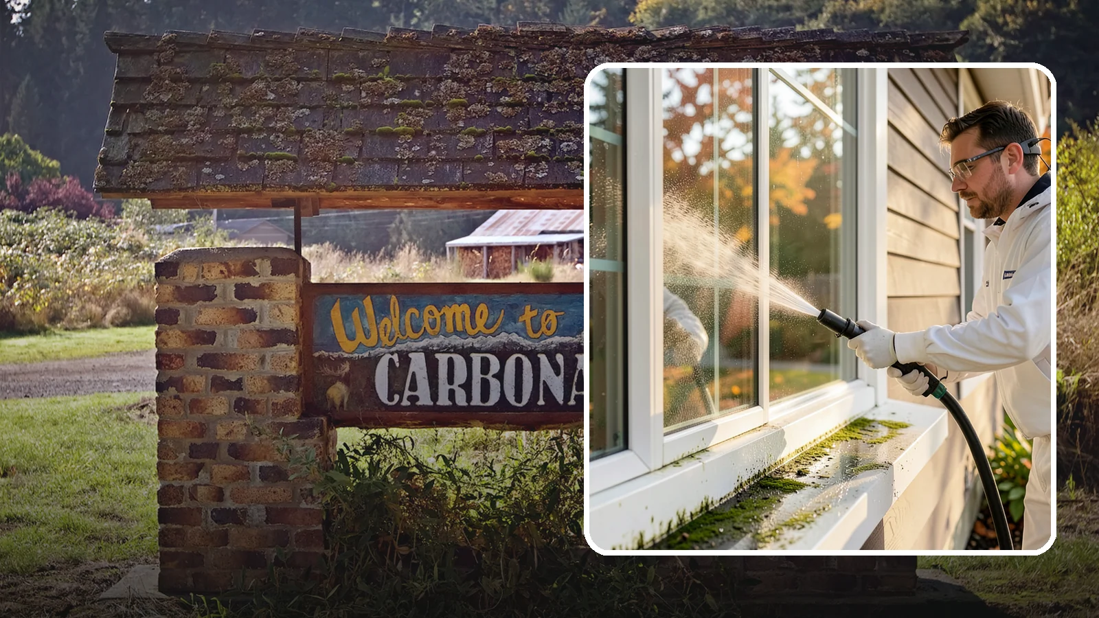 Window Sill Cleaning in Carbonado, Pierce County, WA - Cleaning of exterior window sills to clear the algae, dirt, and organic streaks our constant moisture leaves behind.
