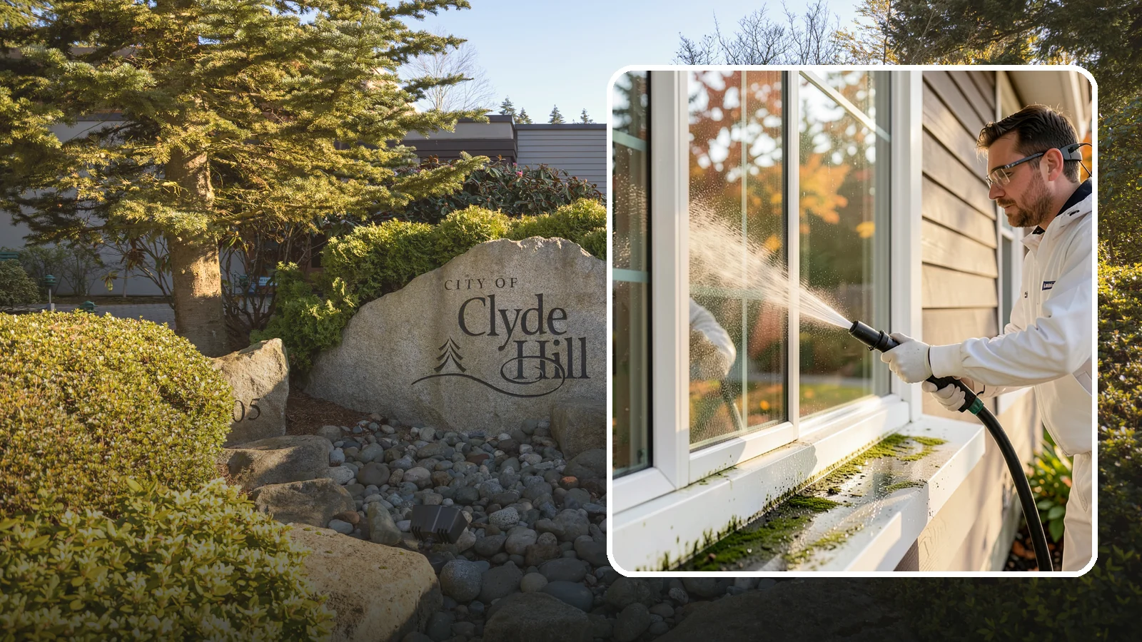 Window Sill Cleaning in Clyde Hill, King County, WA - Cleaning of exterior window sills to clear the algae, dirt, and organic streaks our constant moisture leaves behind.