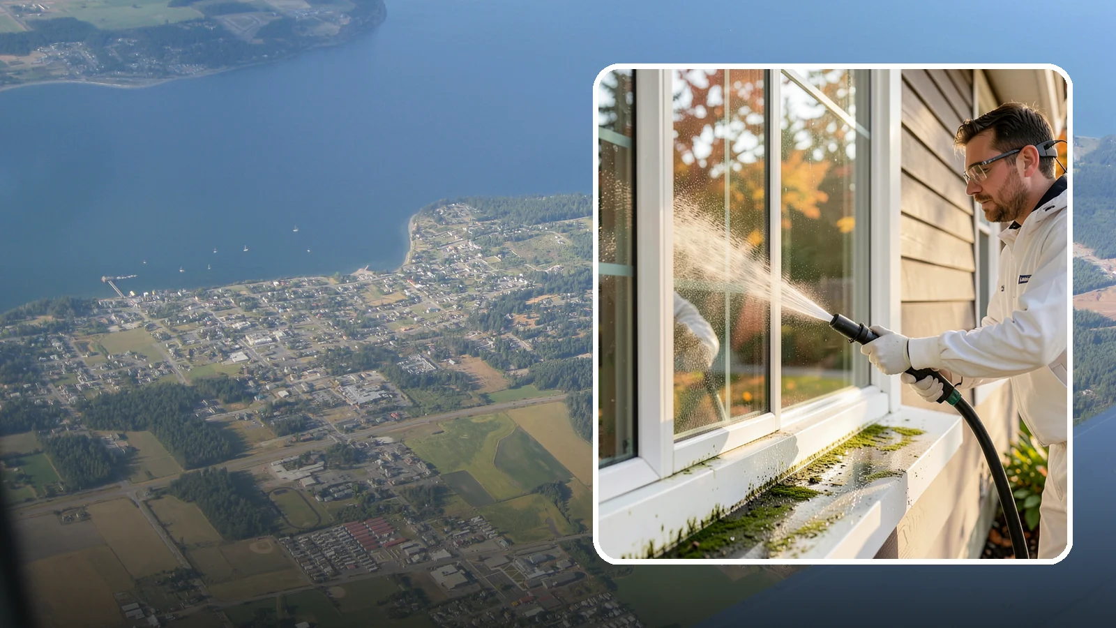 Window Sill Cleaning in Coupeville, Island County, WA - Cleaning of exterior window sills to clear the algae, dirt, and organic streaks our constant moisture leaves behind.