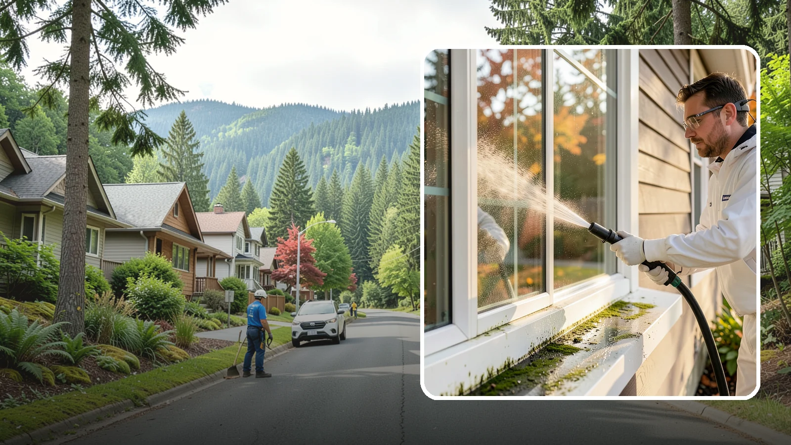 Window Sill Cleaning in Darrington, Snohomish County, WA - Cleaning of exterior window sills to clear the algae, dirt, and organic streaks our constant moisture leaves behind.