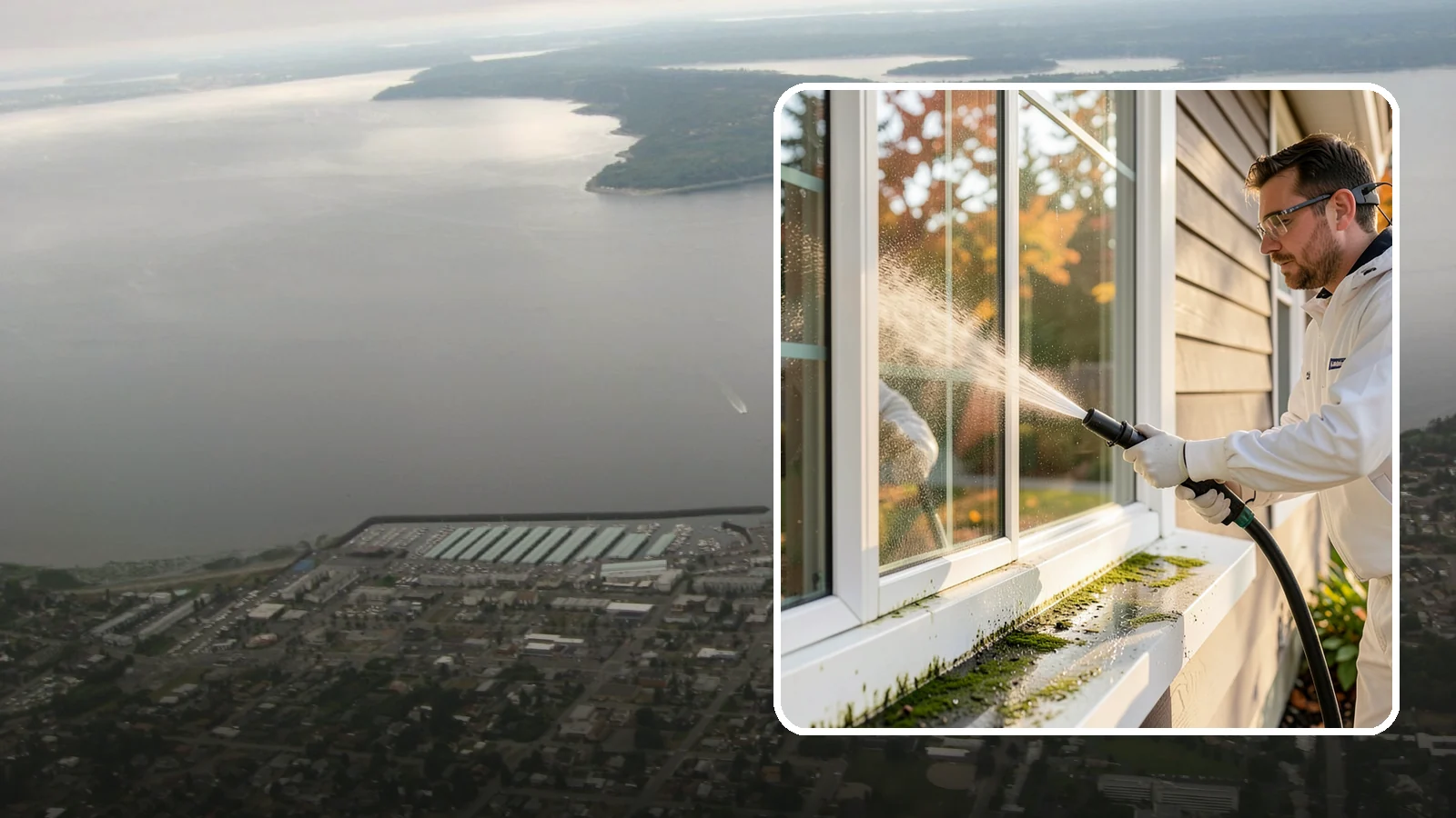 Window Sill Cleaning in Des Moines, King County, WA - Cleaning of exterior window sills to clear the algae, dirt, and organic streaks our constant moisture leaves behind.