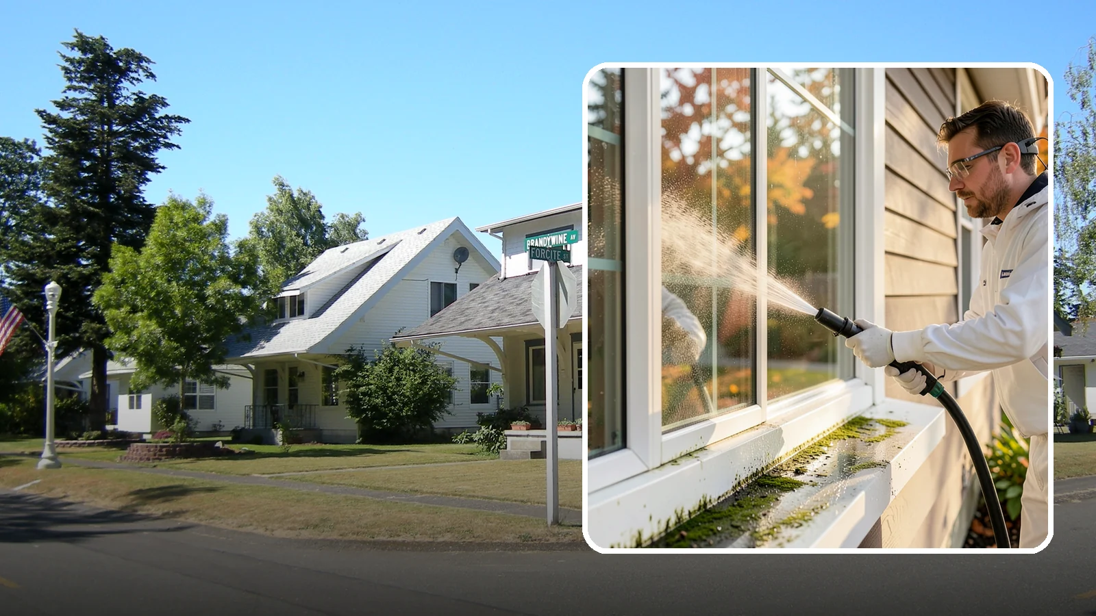 Window Sill Cleaning in DuPont, Pierce County, WA - Cleaning of exterior window sills to clear the algae, dirt, and organic streaks our constant moisture leaves behind.
