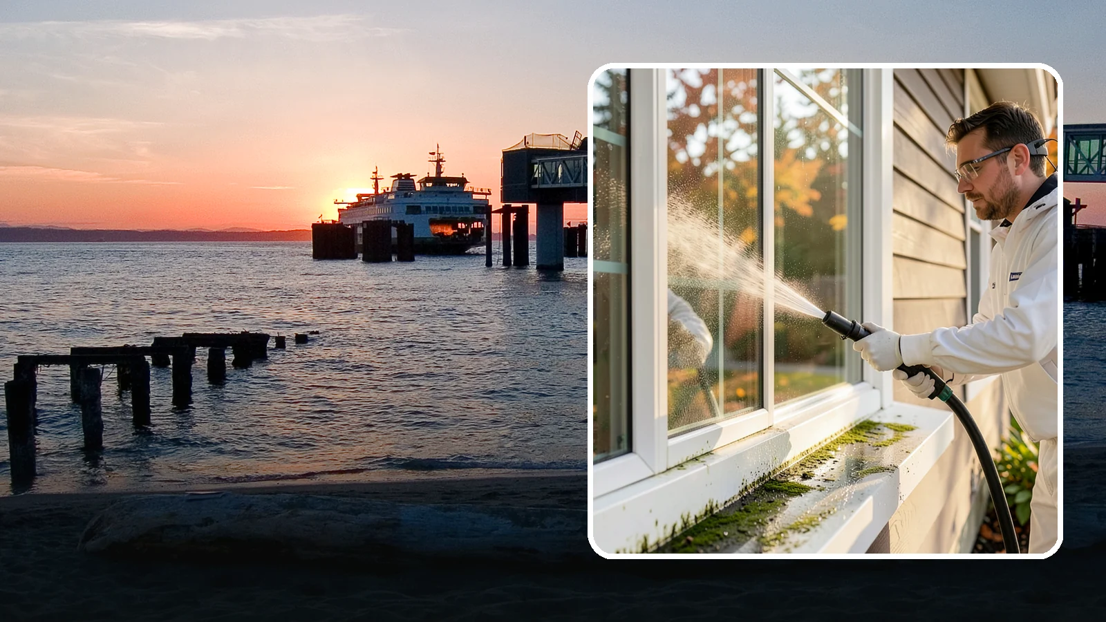 Window Sill Cleaning in Edmonds, Snohomish County, WA - Cleaning of exterior window sills to clear the algae, dirt, and organic streaks our constant moisture leaves behind.