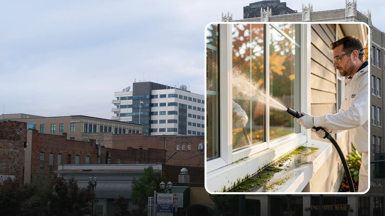 Window Sill Cleaning in Everett, Snohomish County, WA - Cleaning of exterior window sills to clear the algae, dirt, and organic streaks our constant moisture leaves behind.