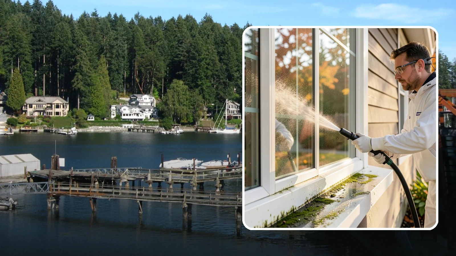 Window Sill Cleaning in Gig Harbor, Pierce County, WA - Cleaning of exterior window sills to clear the algae, dirt, and organic streaks our constant moisture leaves behind.