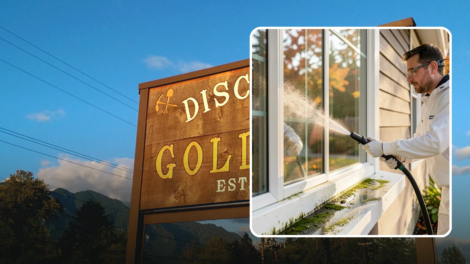 Window Sill Cleaning in Gold Bar, Snohomish County, WA - Cleaning of exterior window sills to clear the algae, dirt, and organic streaks our constant moisture leaves behind.