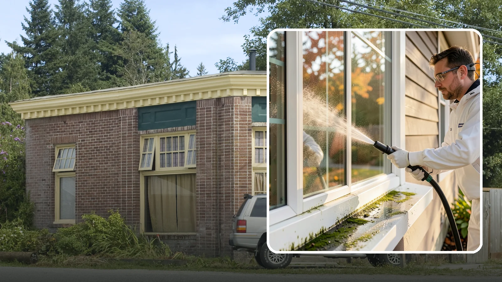 Window Sill Cleaning in Hamilton, Skagit County, WA - Cleaning of exterior window sills to clear the algae, dirt, and organic streaks our constant moisture leaves behind.