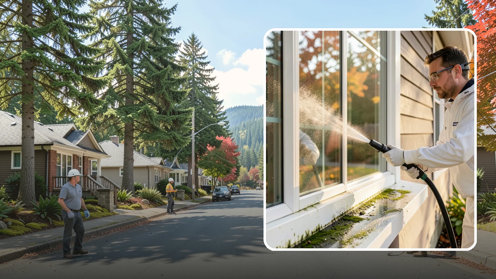 Window Sill Cleaning in Hunts Point, King County, WA - Cleaning of exterior window sills to clear the algae, dirt, and organic streaks our constant moisture leaves behind.