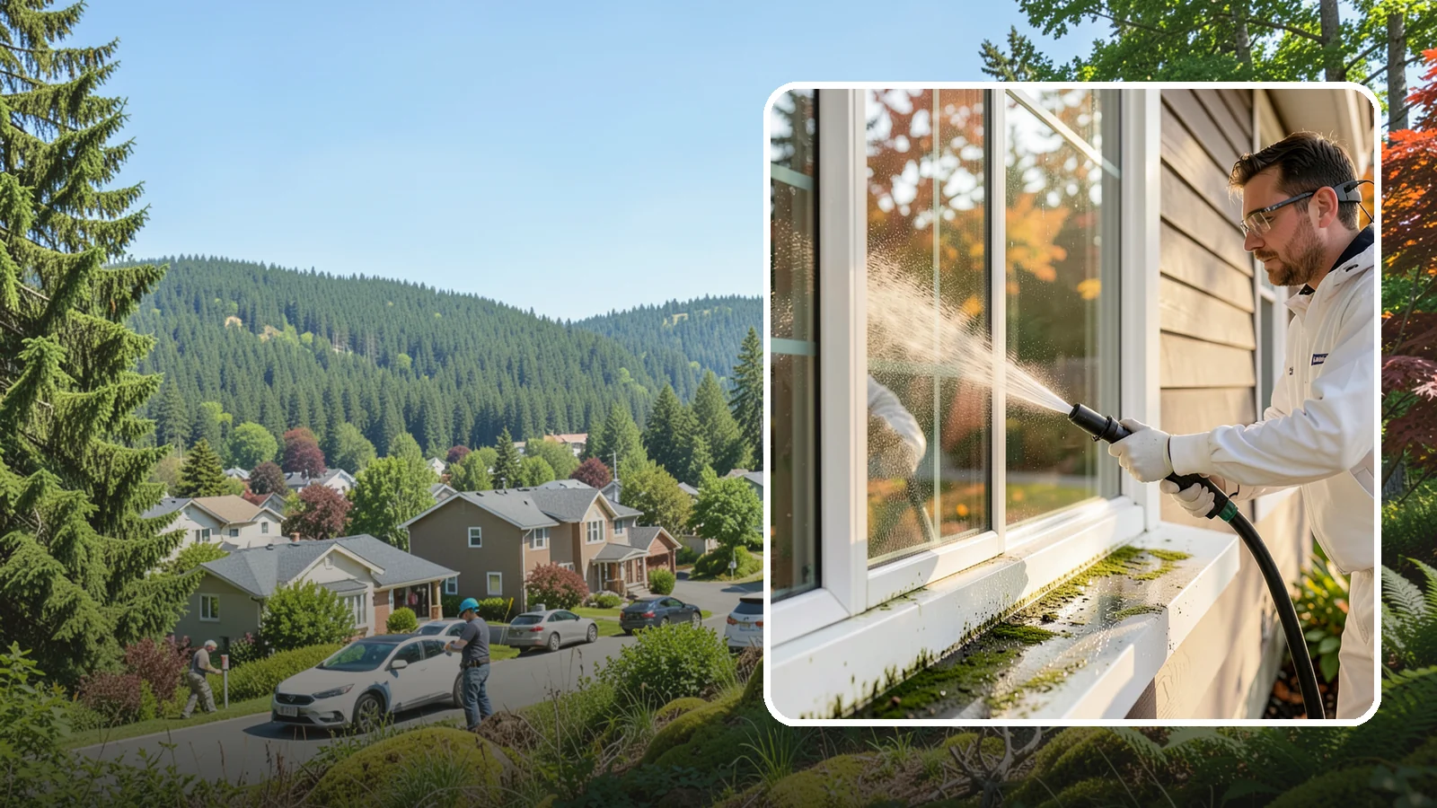 Window Sill Cleaning in Index, Snohomish County, WA - Cleaning of exterior window sills to clear the algae, dirt, and organic streaks our constant moisture leaves behind.