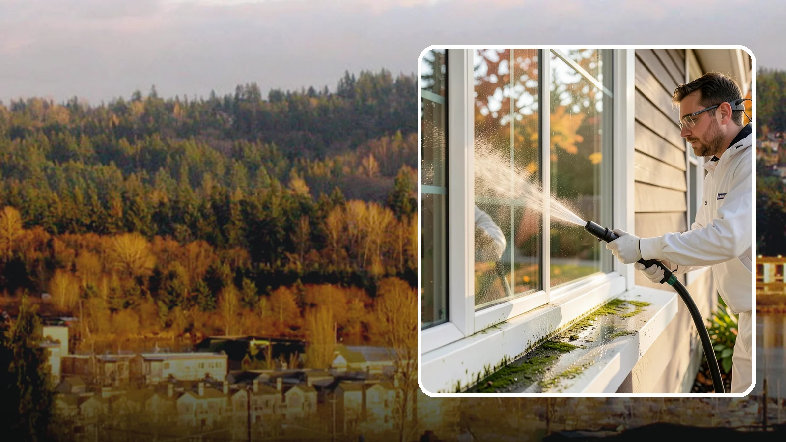 Window Sill Cleaning in Kenmore, King County, WA - Cleaning of exterior window sills to clear the algae, dirt, and organic streaks our constant moisture leaves behind.
