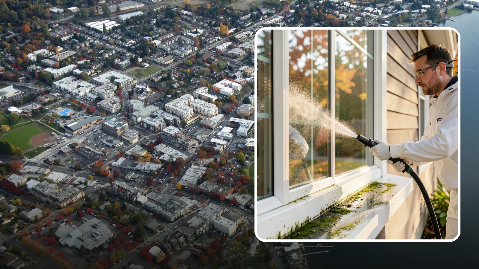 Window Sill Cleaning in Kirkland, King County, WA - Cleaning of exterior window sills to clear the algae, dirt, and organic streaks our constant moisture leaves behind.