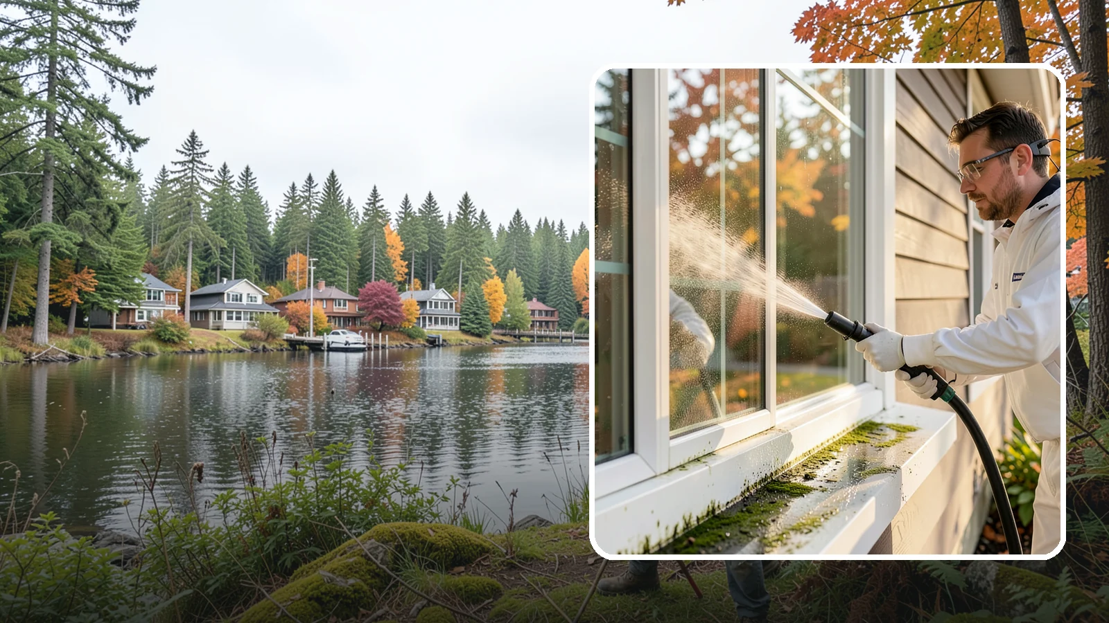 Window Sill Cleaning in La Conner, Skagit County, WA - Cleaning of exterior window sills to clear the algae, dirt, and organic streaks our constant moisture leaves behind.
