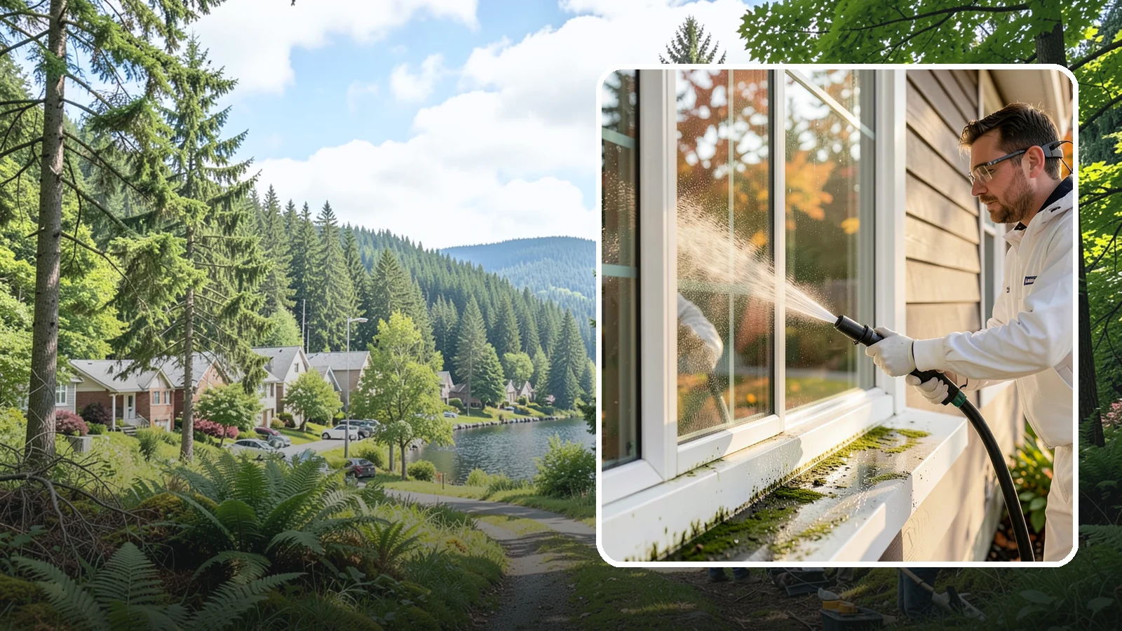 Window Sill Cleaning in Lake Forest Park, King County, WA - Cleaning of exterior window sills to clear the algae, dirt, and organic streaks our constant moisture leaves behind.