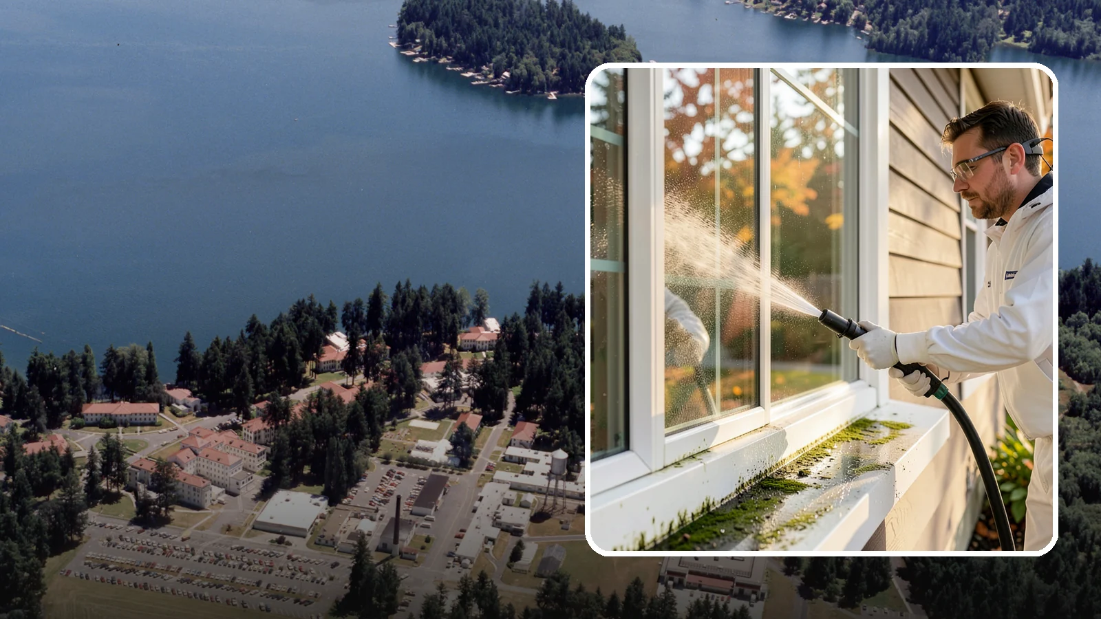 Window Sill Cleaning in Lakewood, Pierce County, WA - Cleaning of exterior window sills to clear the algae, dirt, and organic streaks our constant moisture leaves behind.