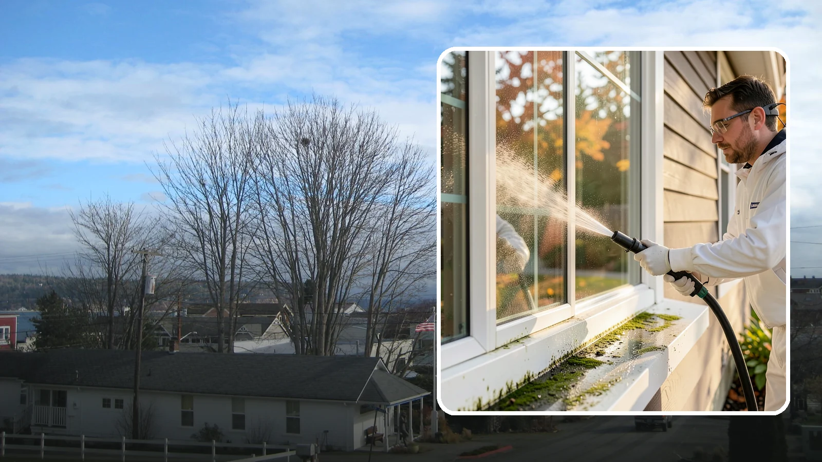 Window Sill Cleaning in Langley, Island County, WA - Cleaning of exterior window sills to clear the algae, dirt, and organic streaks our constant moisture leaves behind.