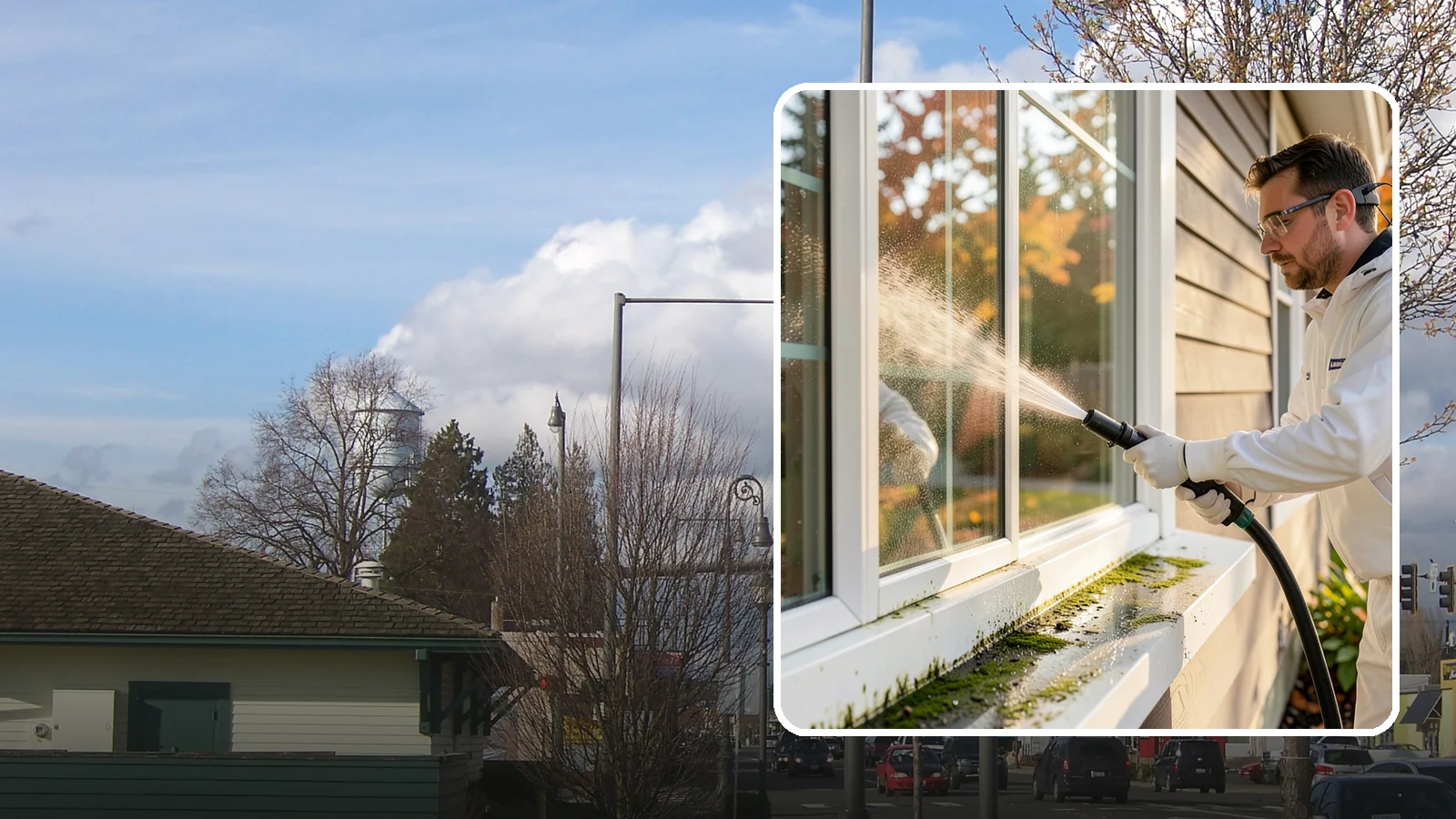 Window Sill Cleaning in Marysville, Snohomish County, WA - Cleaning of exterior window sills to clear the algae, dirt, and organic streaks our constant moisture leaves behind.