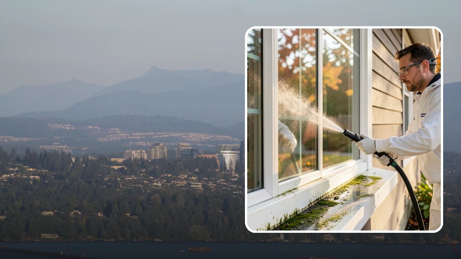 Window Sill Cleaning in Medina, King County, WA - Cleaning of exterior window sills to clear the algae, dirt, and organic streaks our constant moisture leaves behind.