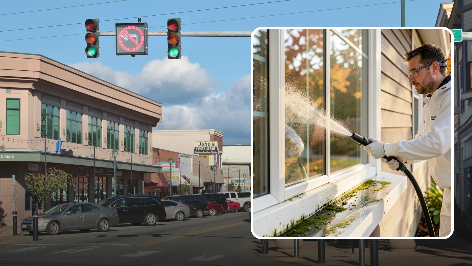 Window Sill Cleaning in Monroe, Snohomish County, WA - Cleaning of exterior window sills to clear the algae, dirt, and organic streaks our constant moisture leaves behind.