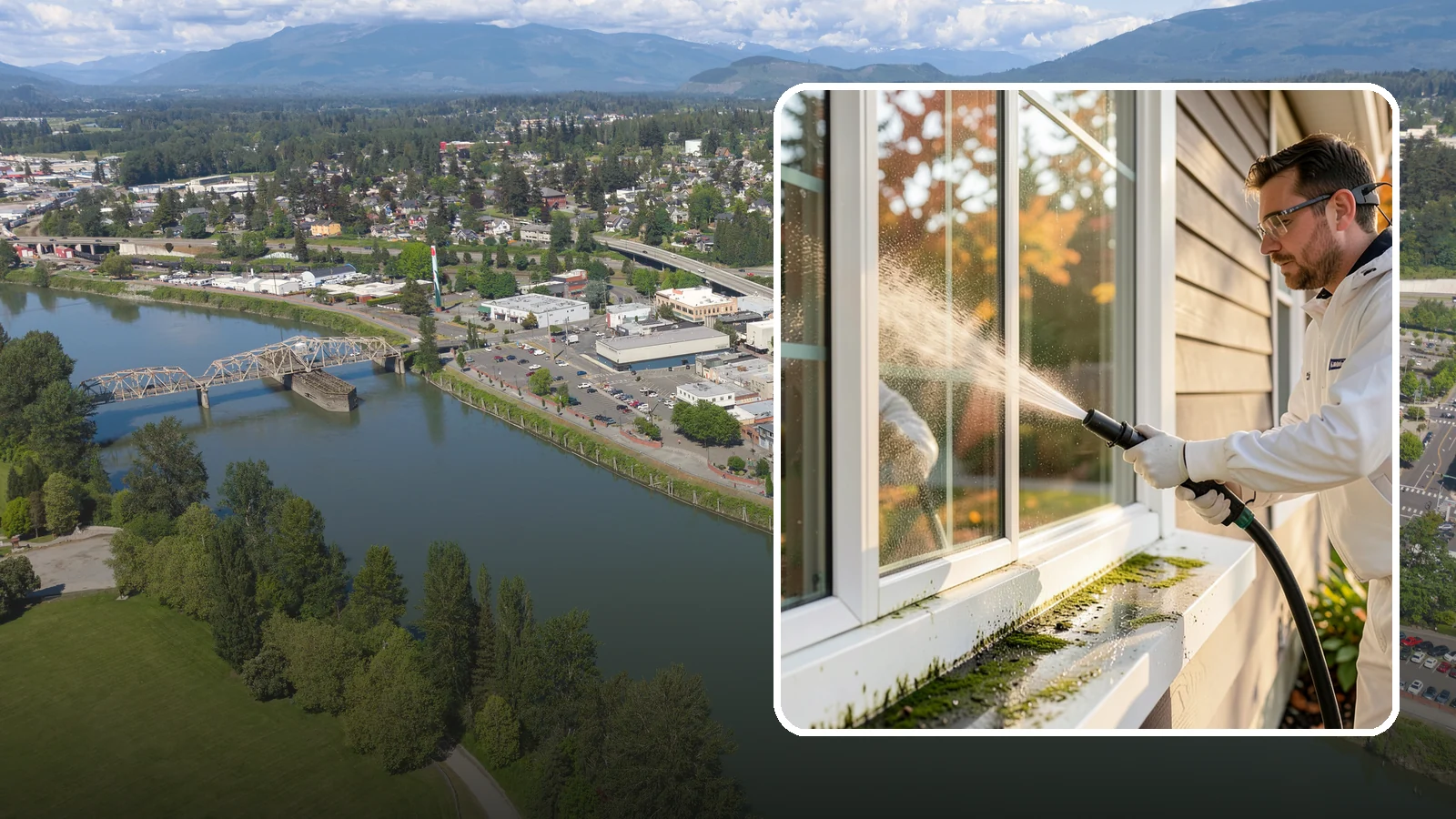 Window Sill Cleaning in Mount Vernon, Skagit County, WA - Cleaning of exterior window sills to clear the algae, dirt, and organic streaks our constant moisture leaves behind.