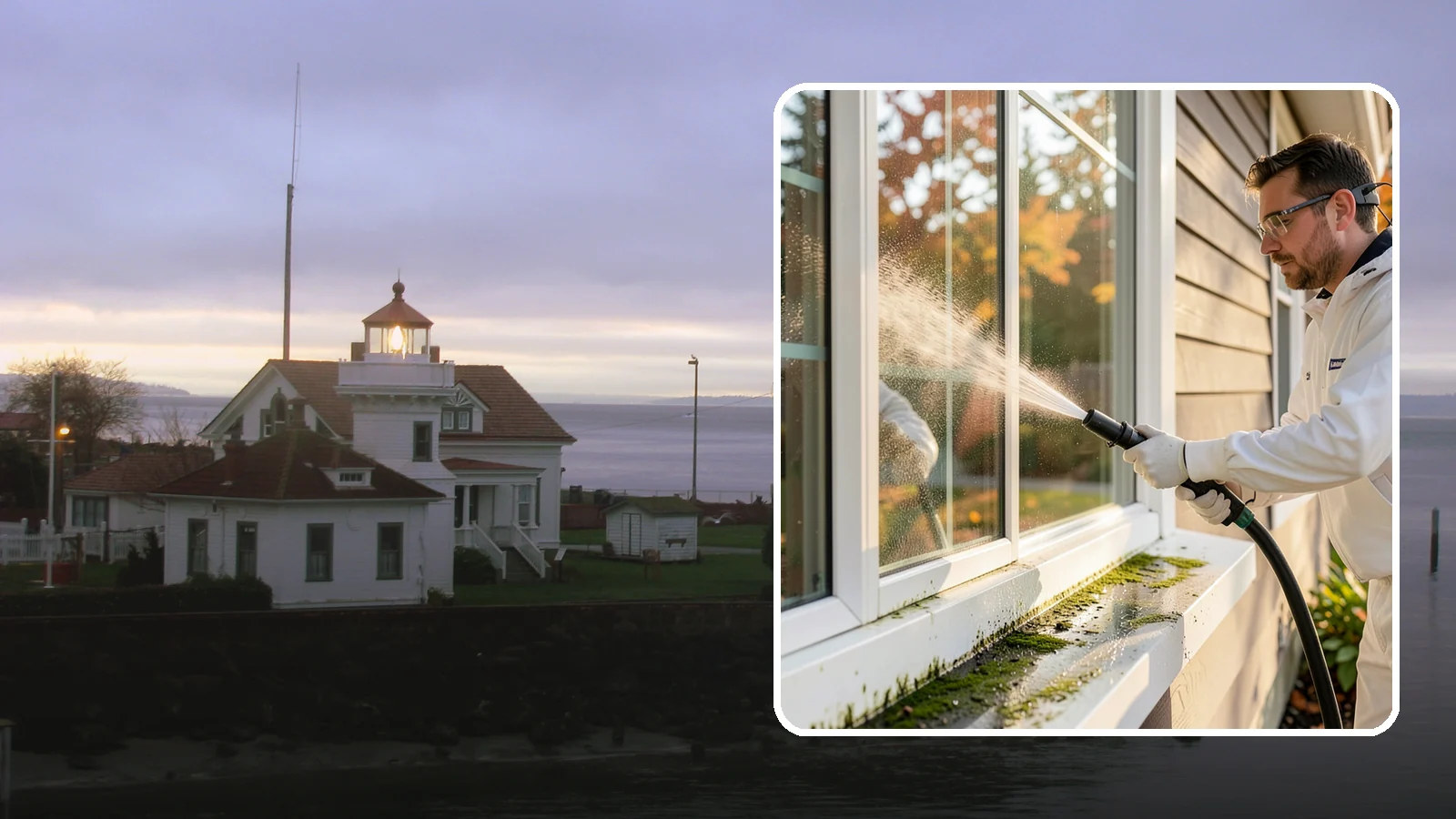 Window Sill Cleaning in Mukilteo, Snohomish County, WA - Cleaning of exterior window sills to clear the algae, dirt, and organic streaks our constant moisture leaves behind.