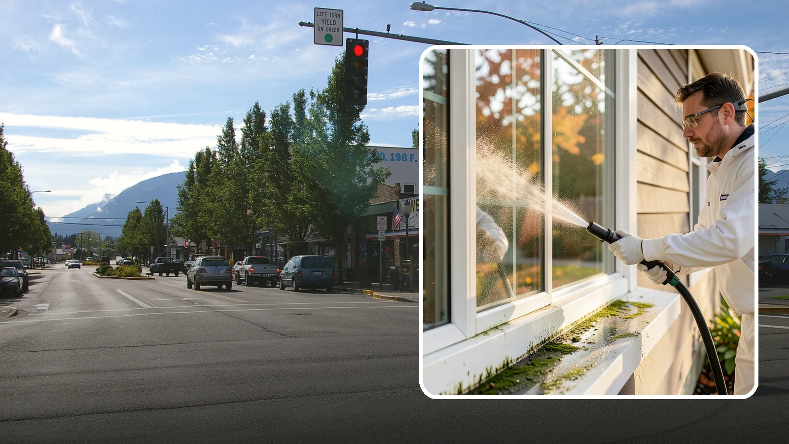 Window Sill Cleaning in North Bend, King County, WA - Cleaning of exterior window sills to clear the algae, dirt, and organic streaks our constant moisture leaves behind.