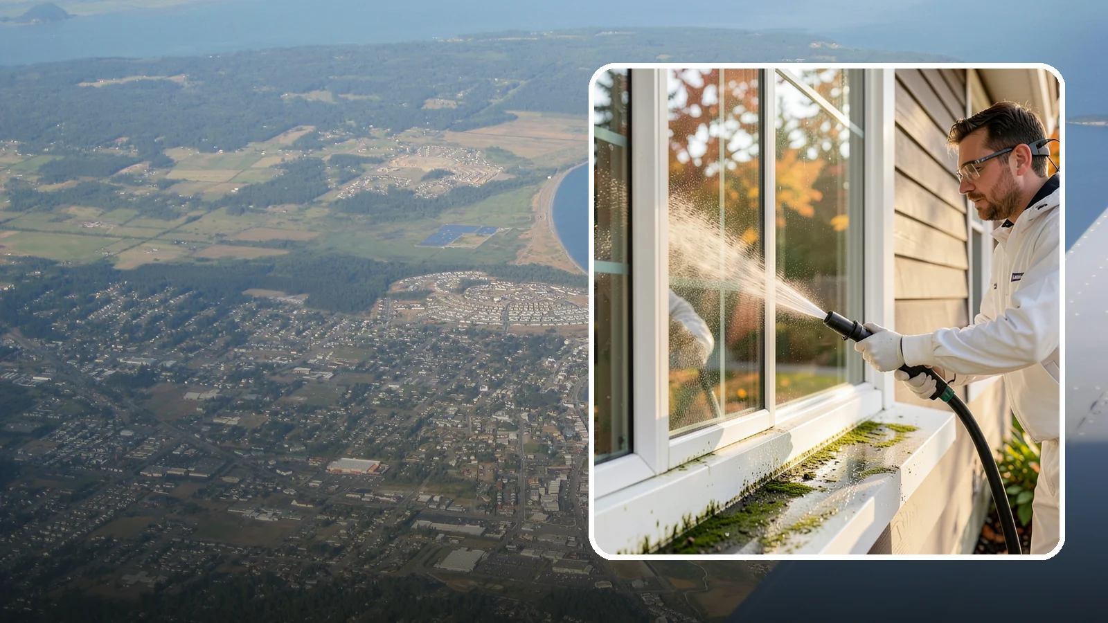 Window Sill Cleaning in Oak Harbor, Island County, WA - Cleaning of exterior window sills to clear the algae, dirt, and organic streaks our constant moisture leaves behind.
