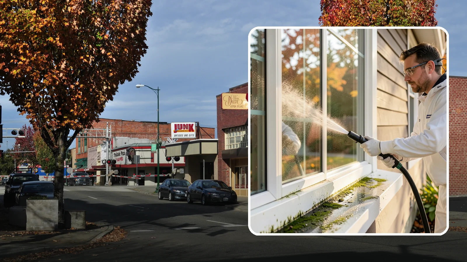 Window Sill Cleaning in Puyallup, Pierce County, WA - Cleaning of exterior window sills to clear the algae, dirt, and organic streaks our constant moisture leaves behind.