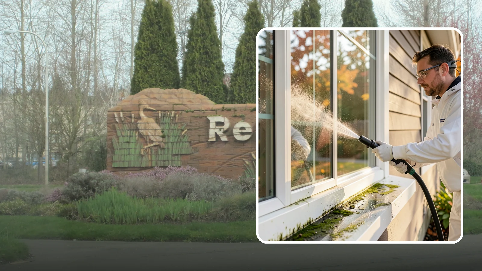 Window Sill Cleaning in Renton, King County, WA - Cleaning of exterior window sills to clear the algae, dirt, and organic streaks our constant moisture leaves behind.