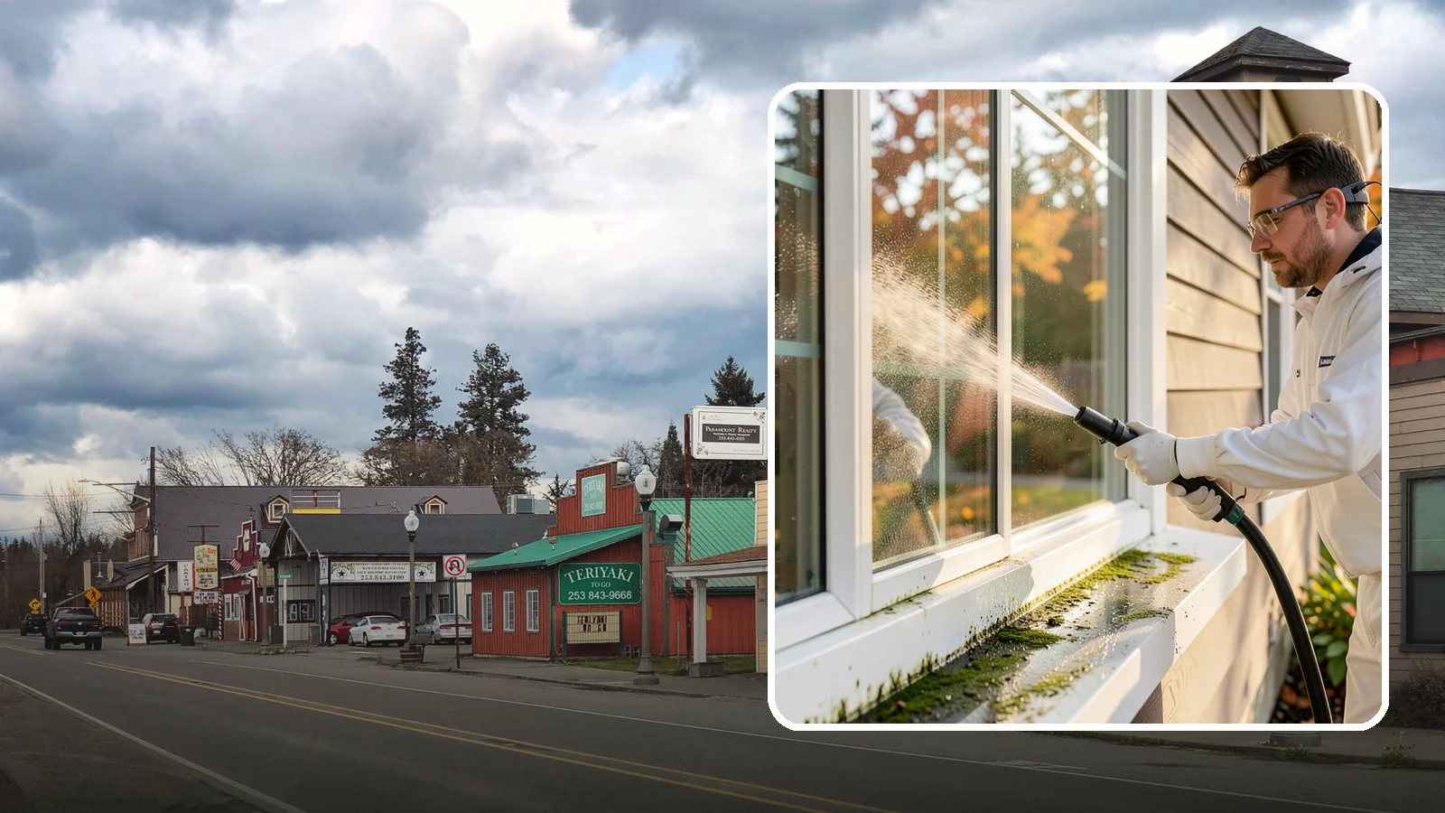 Window Sill Cleaning in Roy, Pierce County, WA - Cleaning of exterior window sills to clear the algae, dirt, and organic streaks our constant moisture leaves behind.