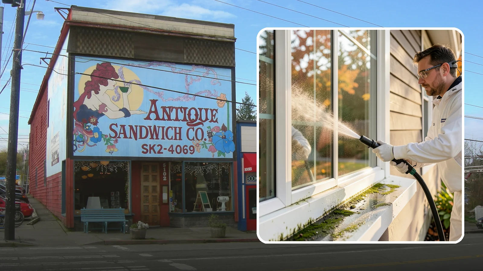 Window Sill Cleaning in Ruston, Pierce County, WA - Cleaning of exterior window sills to clear the algae, dirt, and organic streaks our constant moisture leaves behind.
