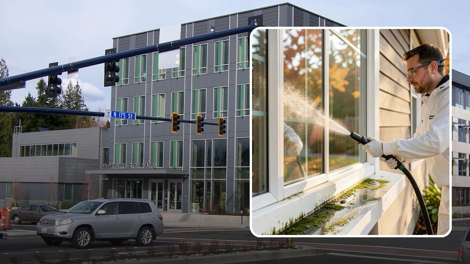 Window Sill Cleaning in Shoreline, King County, WA - Cleaning of exterior window sills to clear the algae, dirt, and organic streaks our constant moisture leaves behind.